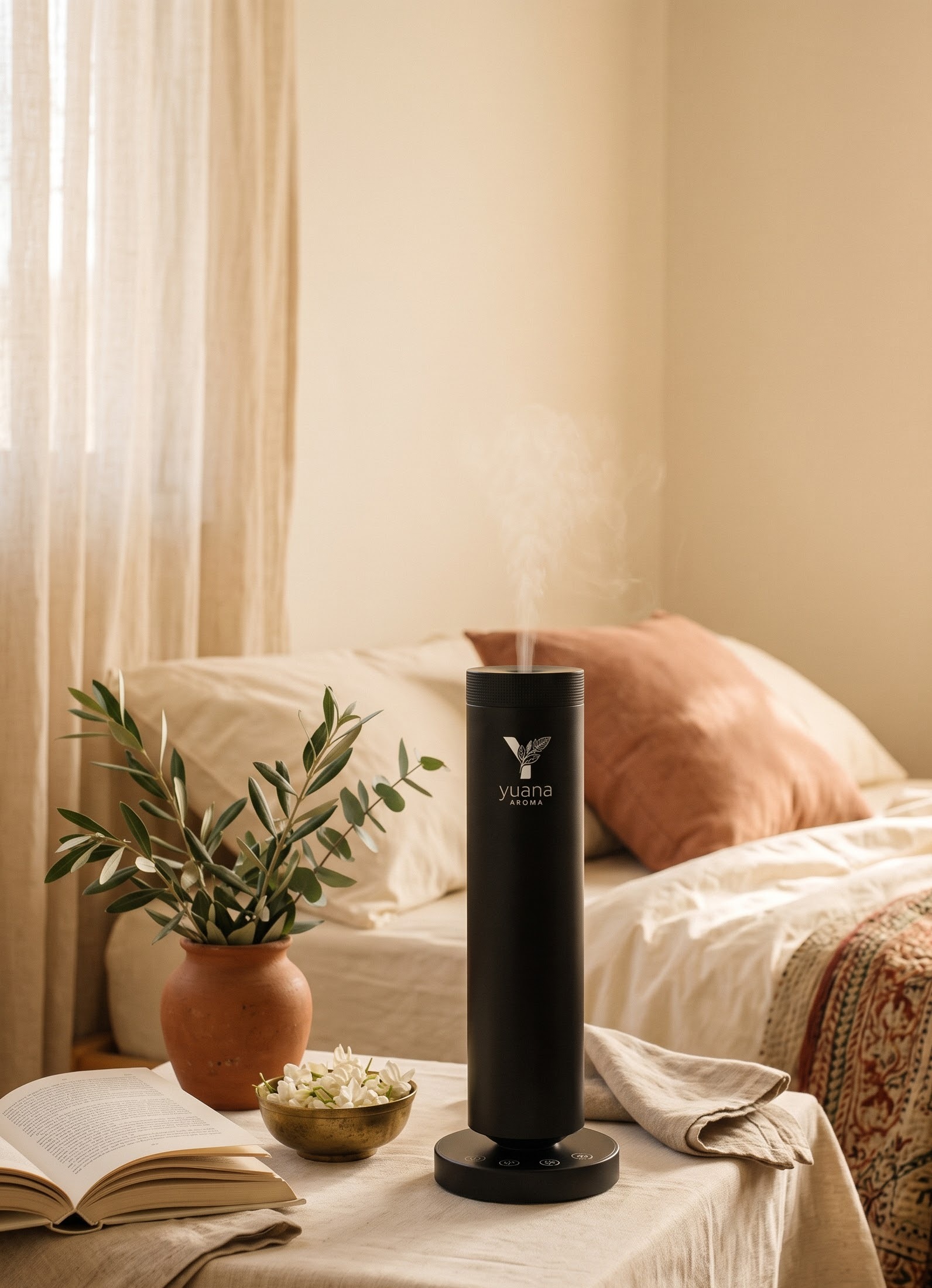 Yuana Aroma Pearl diffuser on a linen-covered bedside bench in warm morning light